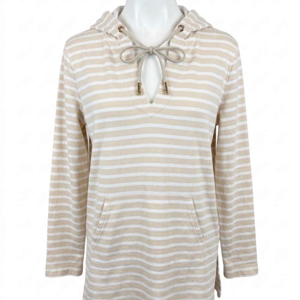 Tory Burch Beige and White Striped Pullover Hoodie Sweater - Size Medium